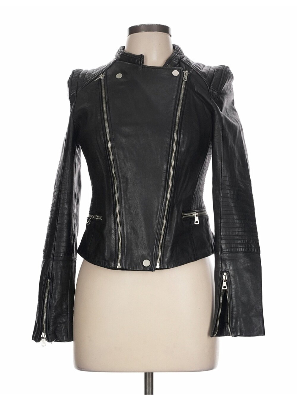Womens Black Leather Moto Jacket - Modern Zipper Detail